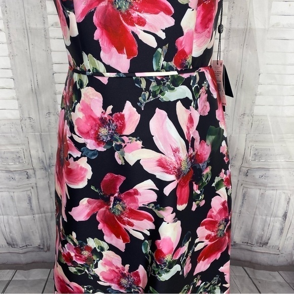 Adrianna Papell Pink Black Illusion Floral Mikado Gown Dress Formal Full Length - Picture 8 of 16